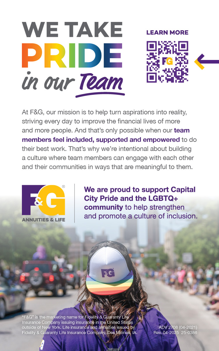 Advertisement with someone wearing an F&G rainbow-pride hat at the Capital City Pride parade